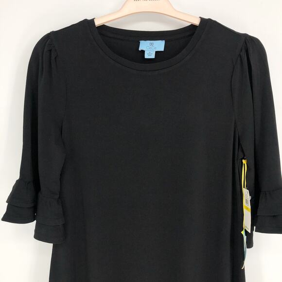 CECE Women's Knit Shift Dress Medium Rich Black Ruffled Bell Sleeves NWT - Picture 4 of 10